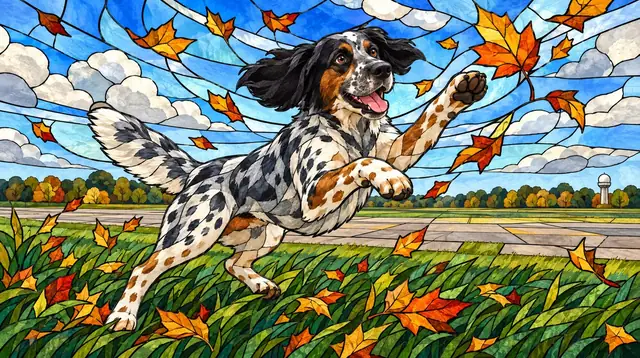 A dog leaping after wind-blown leaves across open grass, rendered as a stained glass window.