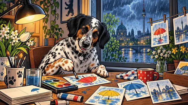 A dog painting umbrellas onto postcards at a worktable, a thunderstorm over the city outside.