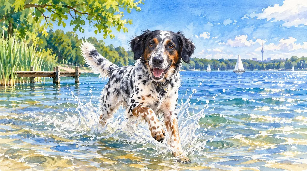 The picture as the model drew it: a dog splashing through a lake in watercolour.