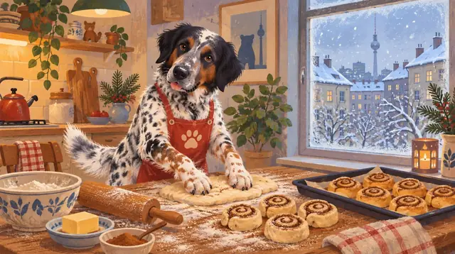 A dog in an apron shaping cinnamon rolls on a floured table, snow on the rooftops outside the window.